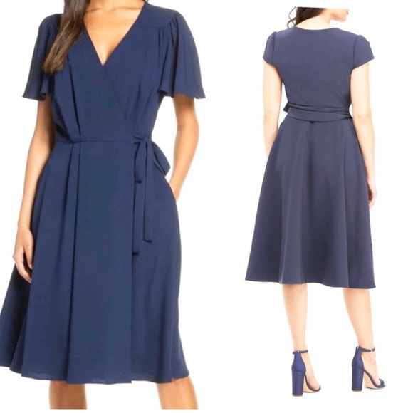 navy blue wrap midi dress